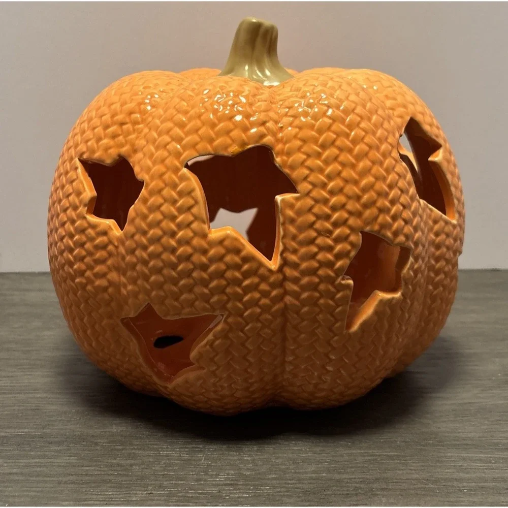 Ceramic Fall Halloween Lighted Pumpkin‎ Leaf Cutouts
